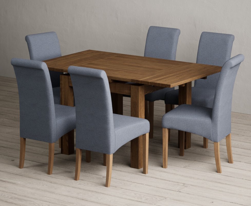 Photo 1 of Extending buxton 90cm rustic solid oak dining table with 6 blue scroll back chairs Photo 1 of Extending buxton 90cm rustic solid oak dining table with 6 blue scroll back chairs