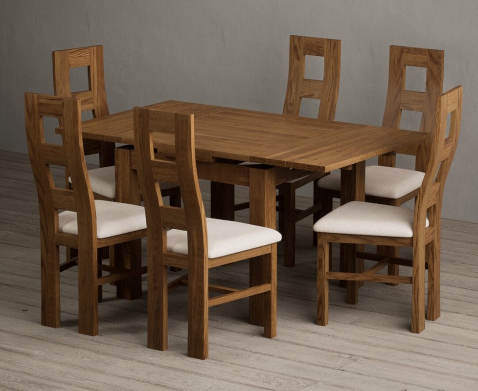 Photo 1 of Extending buxton 90cm rustic solid oak dining table with 6 linen rustic solid oak chairs Photo 1 of Extending buxton 90cm rustic solid oak dining table with 6 linen rustic solid oak chairs