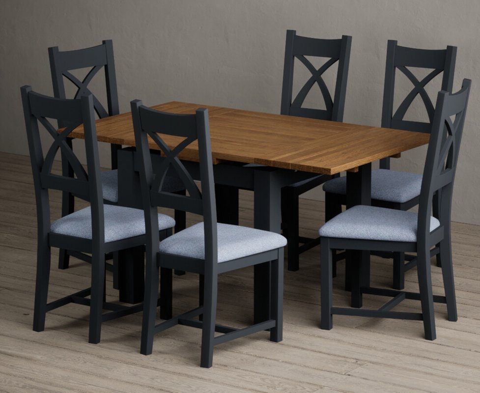 Photo of Extending buxton 90cm oak and dark blue dining table with 6 blue painted chairs Photo of Extending buxton 90cm oak and dark blue dining table with 6 blue painted chairs