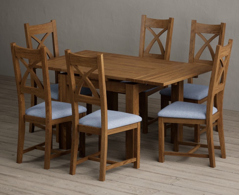 Photo 1 of Extending buxton 90cm rustic solid oak dining table with 6 blue rustic solid oak chairs Photo 1 of Extending buxton 90cm rustic solid oak dining table with 6 blue rustic solid oak chairs