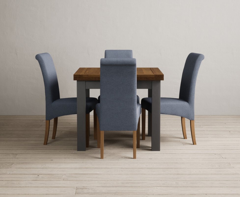 Photo 1 of Extending buxton 90cm oak and charcoal grey dining table with 4 blue scroll back chairs Photo 1 of Extending buxton 90cm oak and charcoal grey dining table with 4 blue scroll back chairs