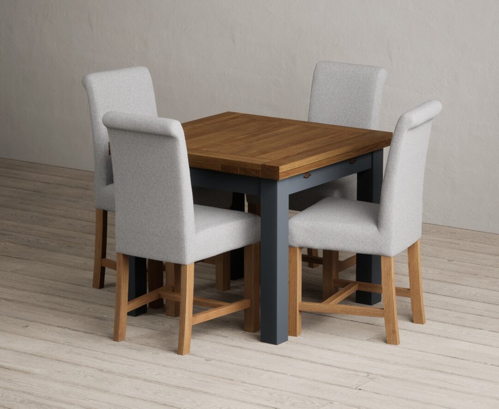 Photo 1 of Extending buxton 90cm oak and dark blue dining table with 4 grey braced chairs Photo 1 of Extending buxton 90cm oak and dark blue dining table with 4 grey braced chairs