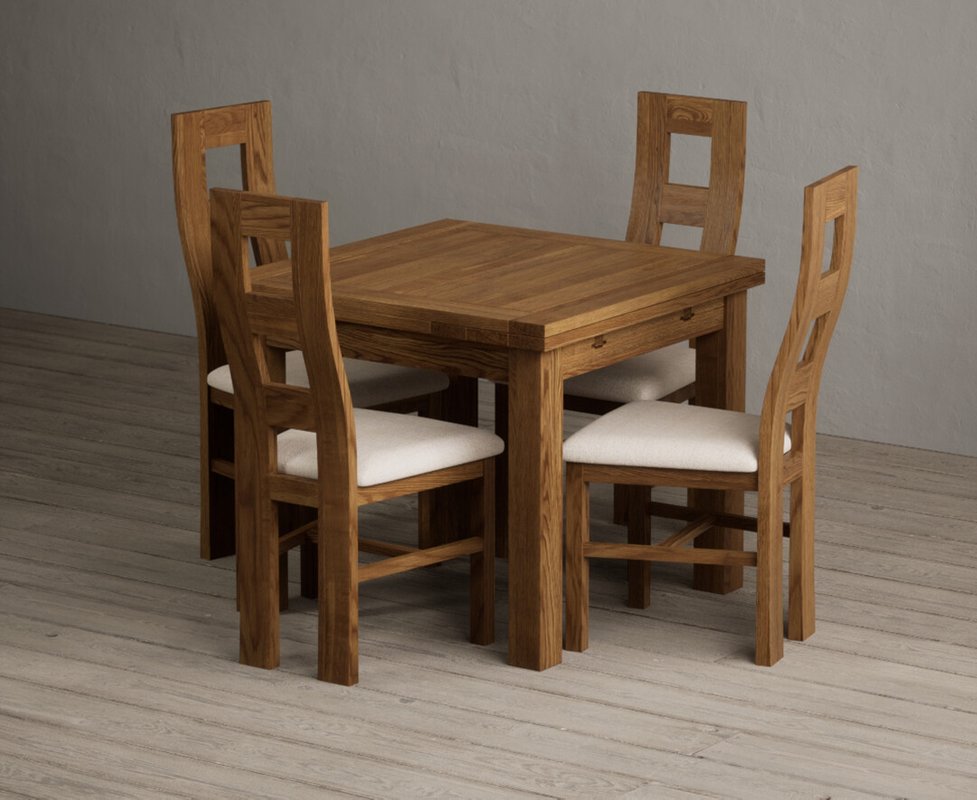 Photo 1 of Extending buxton 90cm rustic solid oak dining table with 4 linen rustic solid oak chairs Photo 1 of Extending buxton 90cm rustic solid oak dining table with 4 linen rustic solid oak chairs