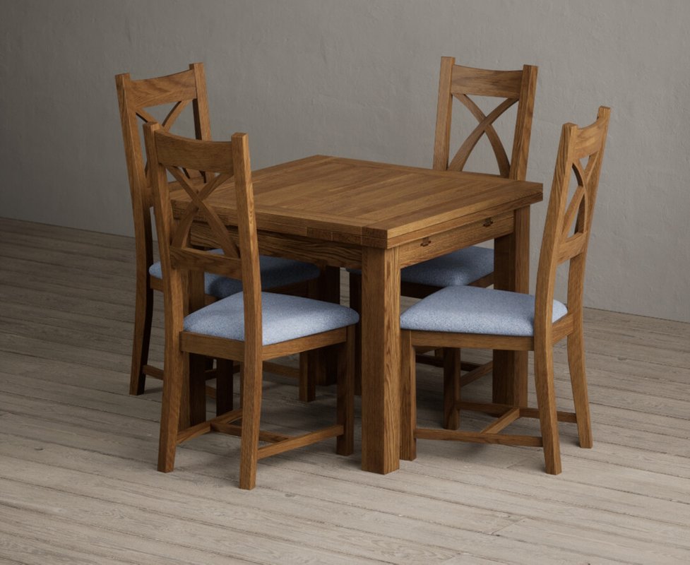 Photo 1 of Extending buxton 90cm rustic solid oak dining table with 4 blue rustic solid oak chairs Photo 1 of Extending buxton 90cm rustic solid oak dining table with 4 blue rustic solid oak chairs