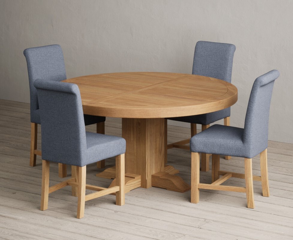 Photo of Helmsley 150cm round oak dining table with 4 charcoal grey braced chairs Photo of Helmsley 150cm round oak dining table with 4 charcoal grey braced chairs