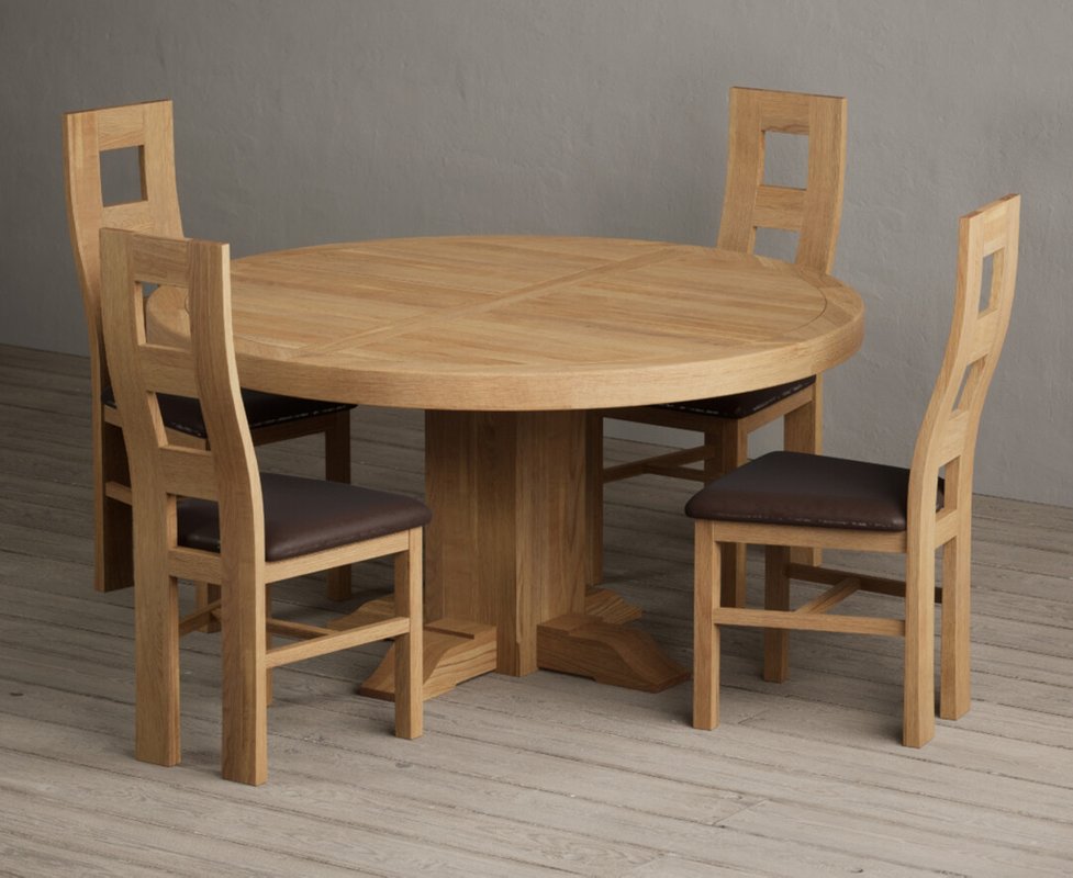 Photo of Helmsley 150cm round oak dining table with 4 blue natural chairs Photo of Helmsley 150cm round oak dining table with 4 blue natural chairs