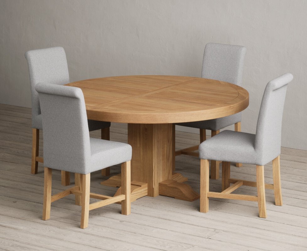 Photo 1 of Helmsley 150cm solid oak round pedestal dining table with 4 grey braced chairs Photo 1 of Helmsley 150cm solid oak round pedestal dining table with 4 grey braced chairs