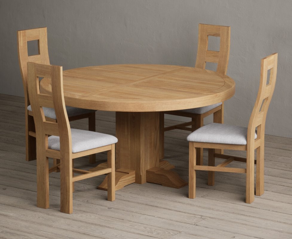 Photo 1 of Helmsley 150cm solid oak round pedestal dining table with 4 light grey natural chairs Photo 1 of Helmsley 150cm solid oak round pedestal dining table with 4 light grey natural chairs