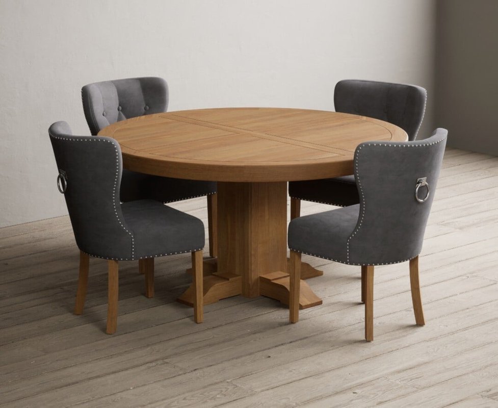 Photo of Helmsley 150cm round oak dining table with 4 grey keswick chairs Photo of Helmsley 150cm round oak dining table with 4 grey keswick chairs