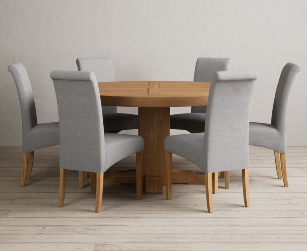 Photo 1 of Helmsley 150cm solid oak round pedestal dining table with 6 grey scroll back chairs Photo 1 of Helmsley 150cm solid oak round pedestal dining table with 6 grey scroll back chairs