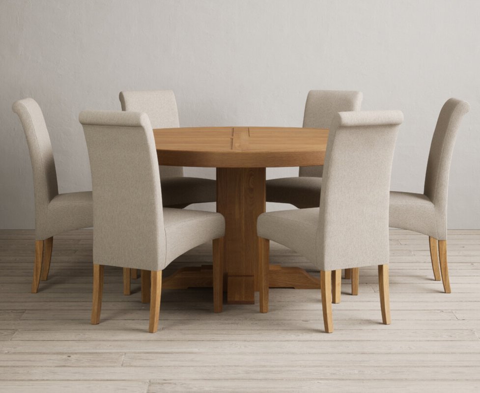 Photo 1 of Helmsley 150cm solid oak round pedestal dining table with 6 natural scroll back chairs Photo 1 of Helmsley 150cm solid oak round pedestal dining table with 6 natural scroll back chairs