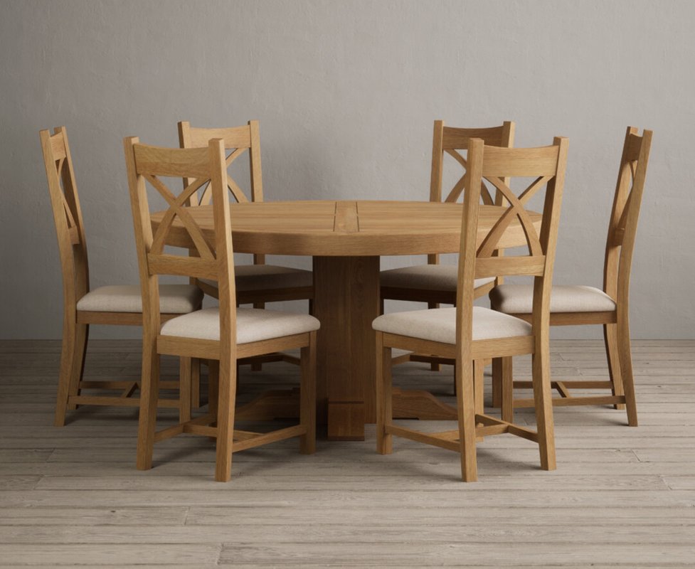 Photo 1 of Helmsley 150cm solid oak round pedestal dining table with 6 linen natural solid oak chairs Photo 1 of Helmsley 150cm solid oak round pedestal dining table with 6 linen natural solid oak chairs