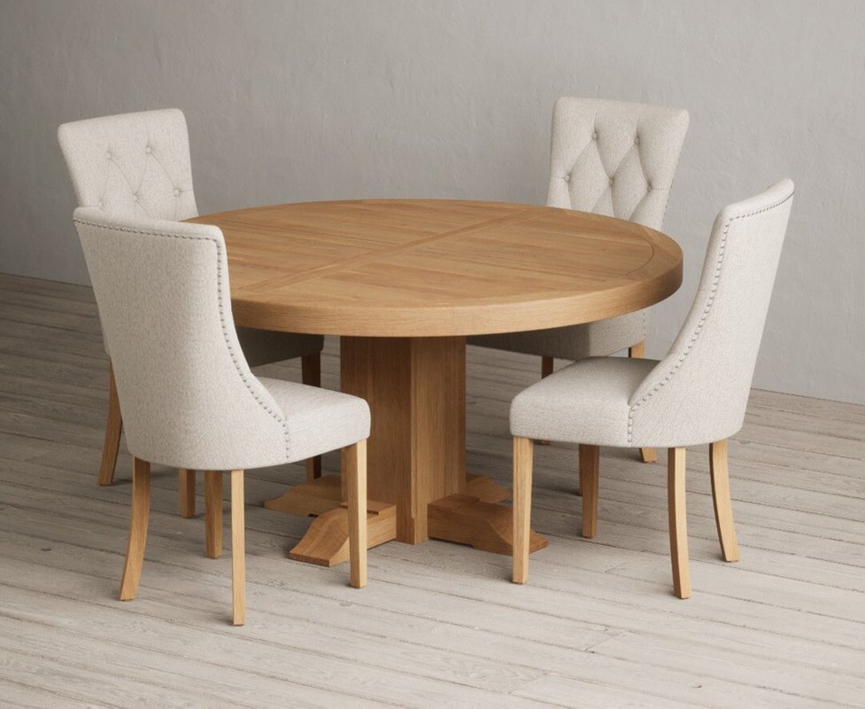 Photo 1 of Helmsley 150cm solid oak round pedestal dining table with 4 natural beatrix chairs Photo 1 of Helmsley 150cm solid oak round pedestal dining table with 4 natural beatrix chairs