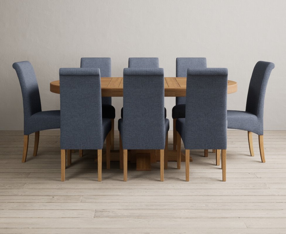 Photo 1 of Extending helmsley solid oak pedestal dining table with 8 blue scroll back chairs Photo 1 of Extending helmsley solid oak pedestal dining table with 8 blue scroll back chairs