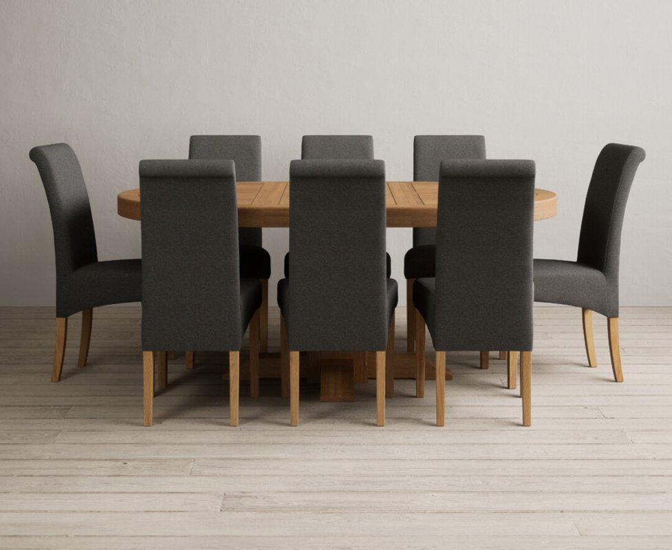 Photo 1 of Extending helmsley solid oak pedestal dining table with 8 charcoal grey scroll back chairs Photo 1 of Extending helmsley solid oak pedestal dining table with 8 charcoal grey scroll back chairs