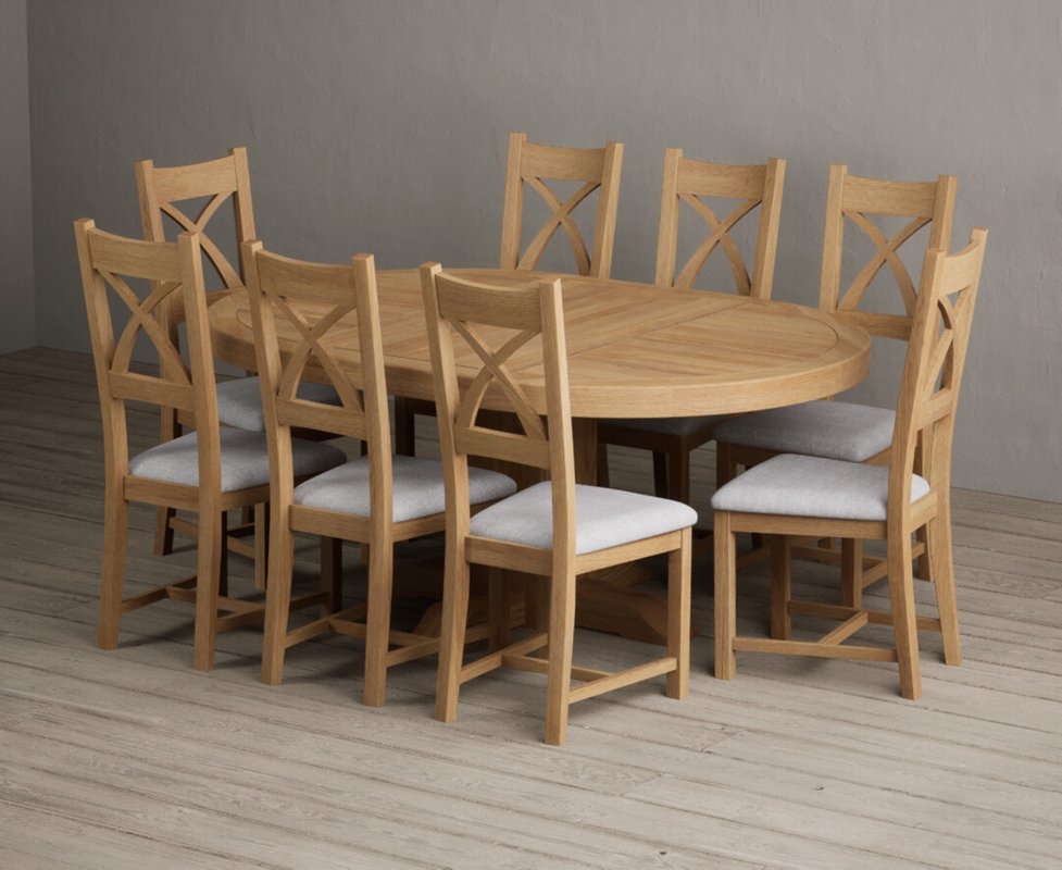 Photo 1 of Extending helmsley solid oak pedestal dining table with 8 light grey natural solid oak chairs Photo 1 of Extending helmsley solid oak pedestal dining table with 8 light grey natural solid oak chairs