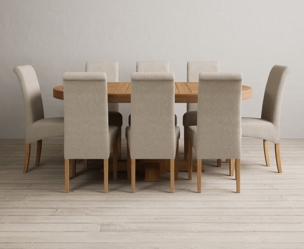 Photo 1 of Extending helmsley solid oak pedestal dining table with 8 natural scroll back chairs Photo 1 of Extending helmsley solid oak pedestal dining table with 8 natural scroll back chairs