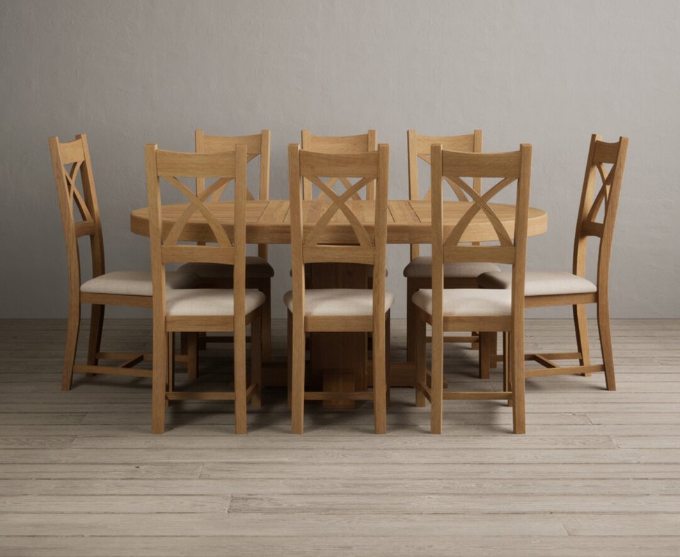 Photo 1 of Extending helmsley solid oak pedestal dining table with 8 linen natural solid oak chairs Photo 1 of Extending helmsley solid oak pedestal dining table with 8 linen natural solid oak chairs