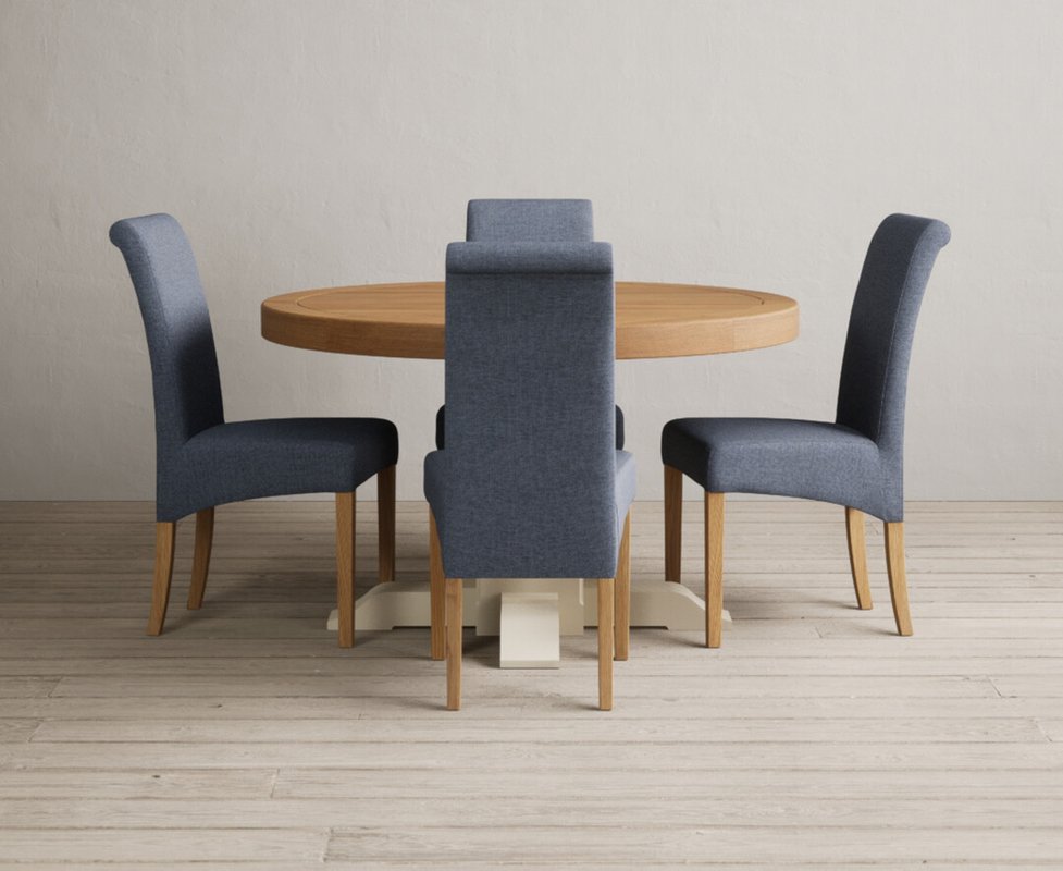 Photo 1 of Extending helmsley oak and cream painted pedestal dining table with 4 blue scroll back chairs Photo 1 of Extending helmsley oak and cream painted pedestal dining table with 4 blue scroll back chairs