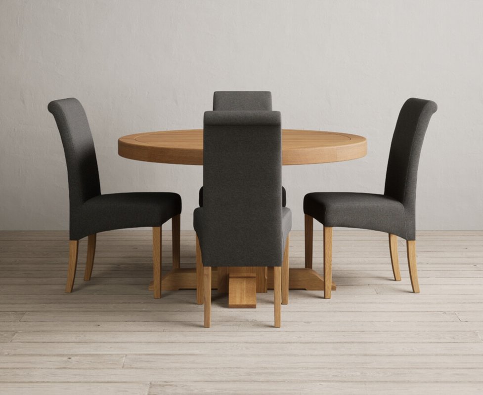 Photo 1 of Extending helmsley solid oak pedestal dining table with 4 charcoal grey scroll back chairs Photo 1 of Extending helmsley solid oak pedestal dining table with 4 charcoal grey scroll back chairs