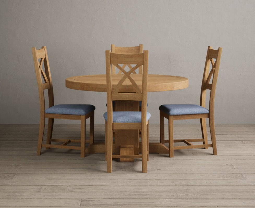 Photo 1 of Extending helmsley solid oak pedestal dining table with 4 blue natural solid oak chairs Photo 1 of Extending helmsley solid oak pedestal dining table with 4 blue natural solid oak chairs