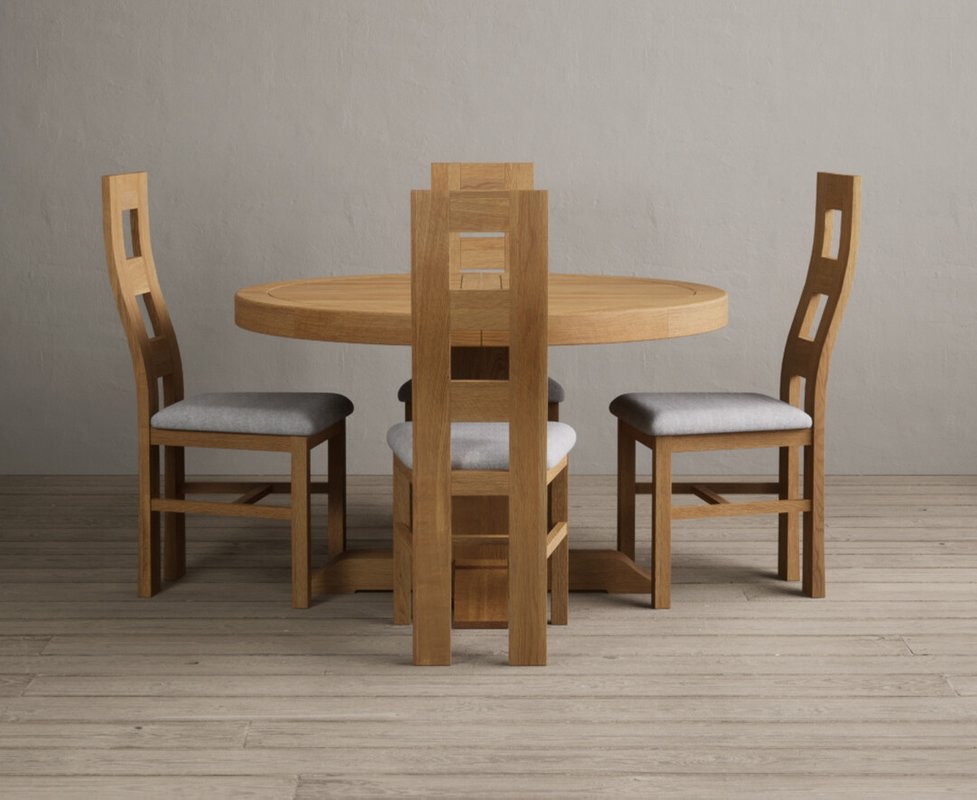 Photo 1 of Extending helmsley solid oak pedestal dining table with 4 light grey natural chairs Photo 1 of Extending helmsley solid oak pedestal dining table with 4 light grey natural chairs