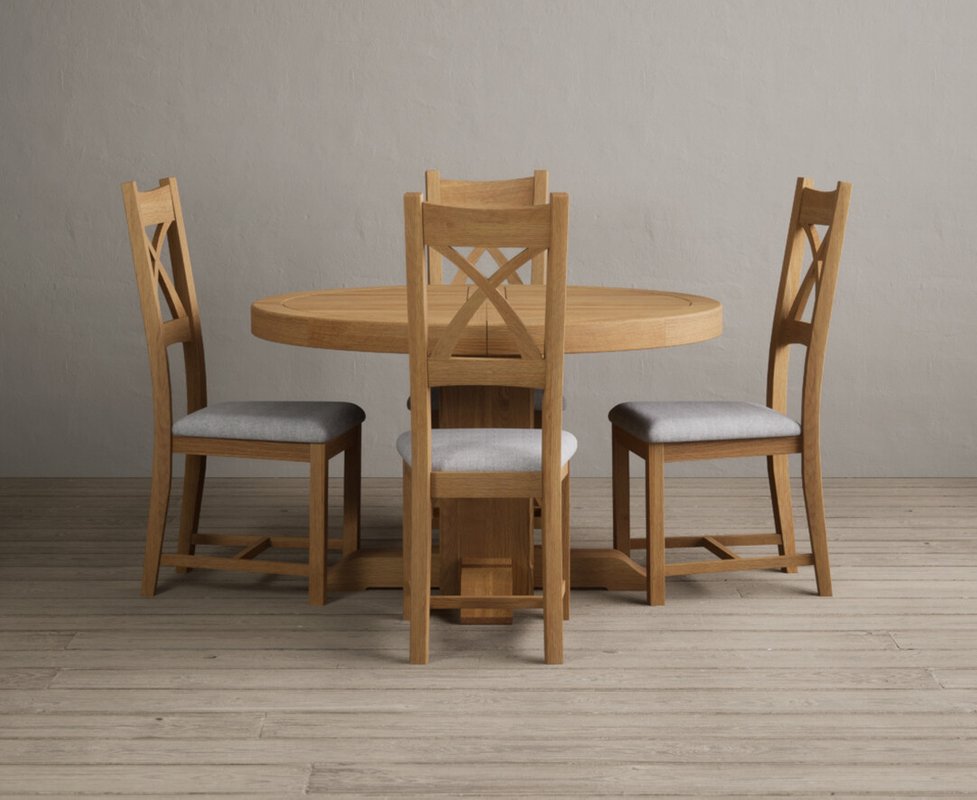 Photo 1 of Extending helmsley solid oak pedestal dining table with 4 light grey natural solid oak chairs Photo 1 of Extending helmsley solid oak pedestal dining table with 4 light grey natural solid oak chairs