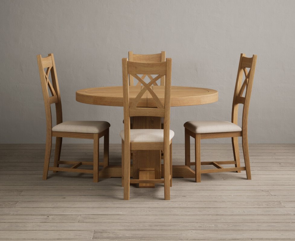 Photo 1 of Extending helmsley solid oak pedestal dining table with 4 linen natural solid oak chairs Photo 1 of Extending helmsley solid oak pedestal dining table with 4 linen natural solid oak chairs