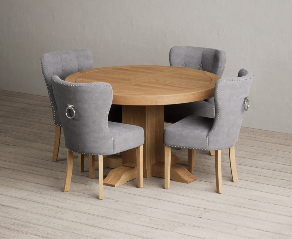Photo of Extending helmsley oak pedestal dining table with 4 grey keswick chairs Photo of Extending helmsley oak pedestal dining table with 4 grey keswick chairs