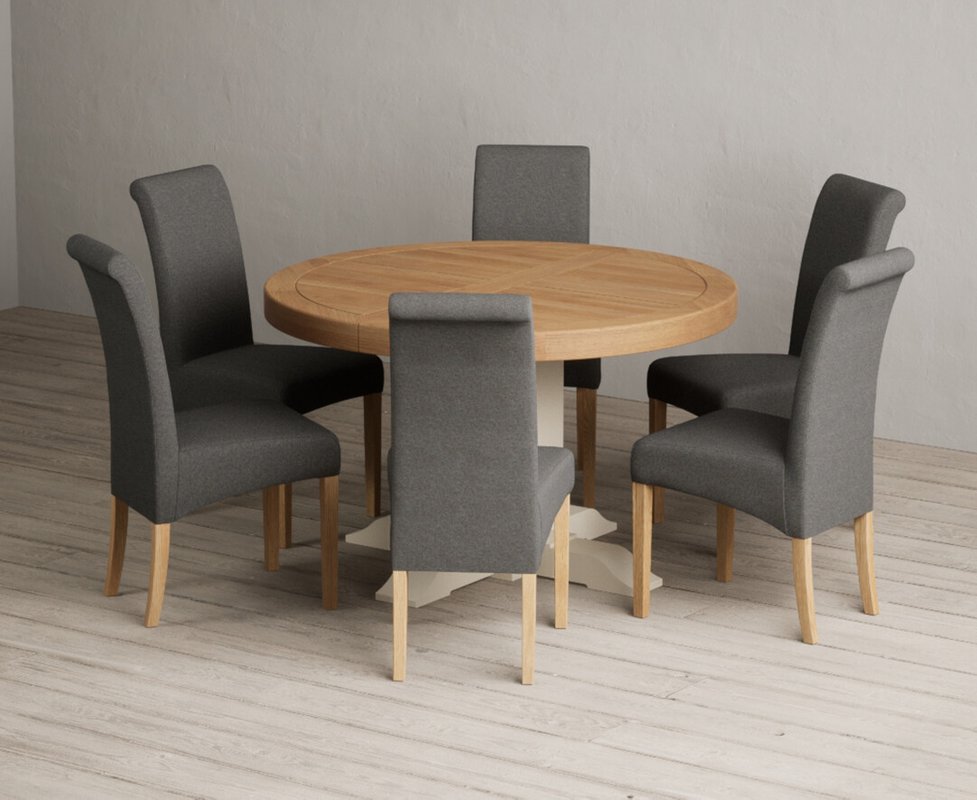 Photo 1 of Extending helmsley oak and cream painted pedestal dining table with 6 charcoal grey scroll back chairs Photo 1 of Extending helmsley oak and cream painted pedestal dining table with 6 charcoal grey scroll back chairs