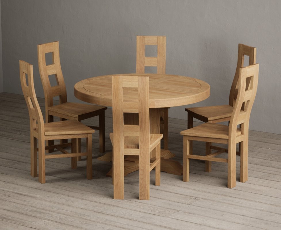 Photo 1 of Extending helmsley solid oak pedestal dining table with 6 oak natural chairs Photo 1 of Extending helmsley solid oak pedestal dining table with 6 oak natural chairs