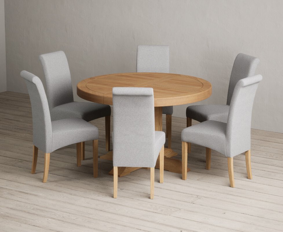 Photo 1 of Extending helmsley solid oak pedestal dining table with 6 grey scroll back chairs Photo 1 of Extending helmsley solid oak pedestal dining table with 6 grey scroll back chairs