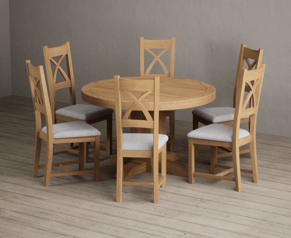 Photo 1 of Extending helmsley solid oak pedestal dining table with 6 light grey natural solid oak chairs Photo 1 of Extending helmsley solid oak pedestal dining table with 6 light grey natural solid oak chairs