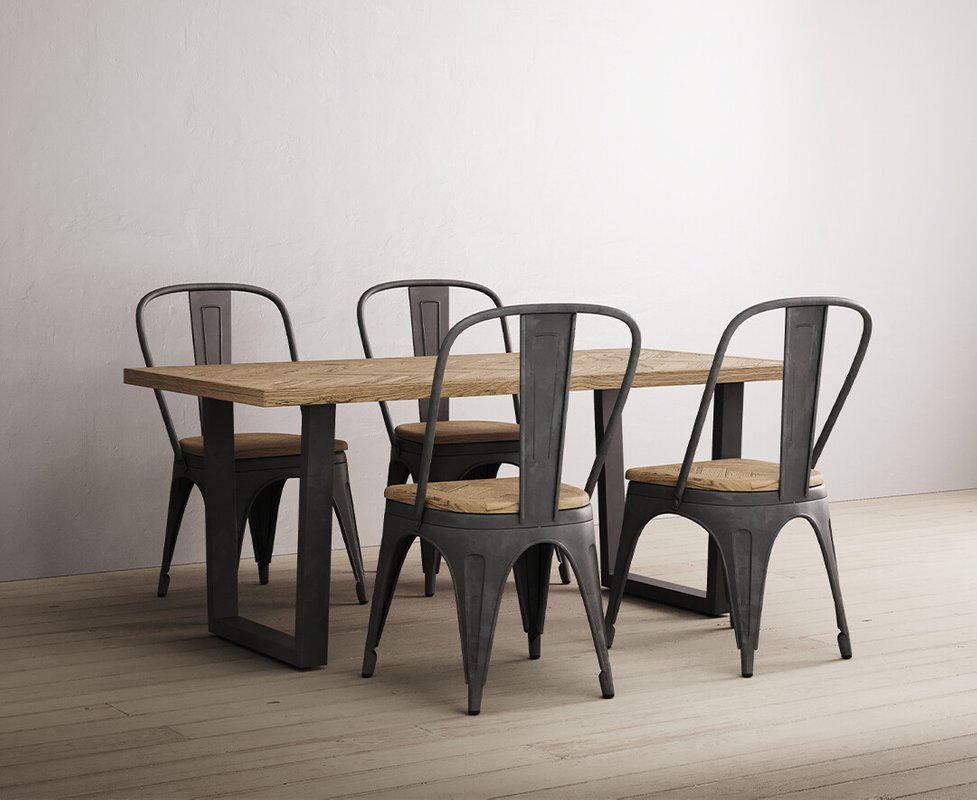 Photo of Herringbone 190cm solid oak and metal dining table with 4 oak herringbone chairs Photo of Herringbone 190cm solid oak and metal dining table with 4 oak herringbone chairs