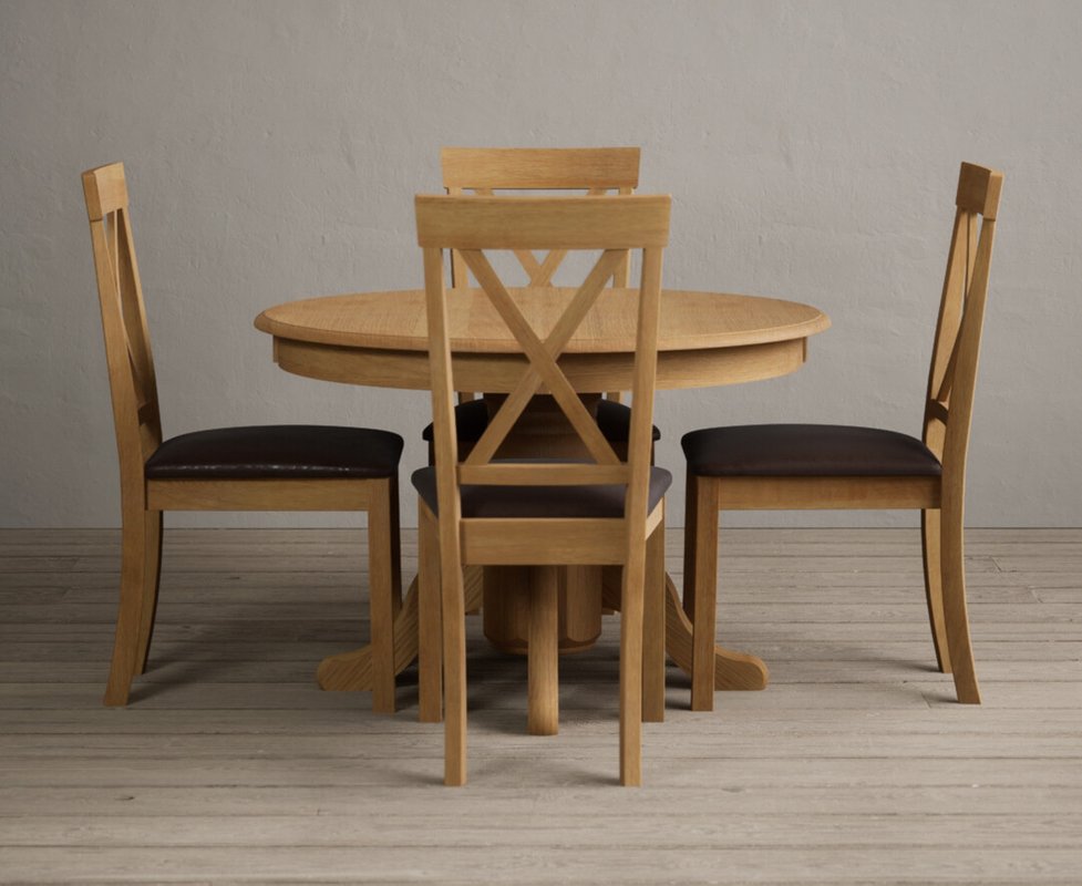 Photo 1 of Extending hertford 100cm - 130cm solid oak pedestal dining table with 4 brown hertford chairs Photo 1 of Extending hertford 100cm - 130cm solid oak pedestal dining table with 4 brown hertford chairs