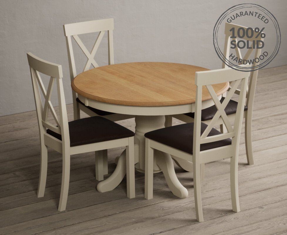 Photo 1 of Extending hertford 100cm - 130cm oak and cream painted pedestal dining table with 4 brown hertford chairs Photo 1 of Extending hertford 100cm - 130cm oak and cream painted pedestal dining table with 4 brown hertford chairs
