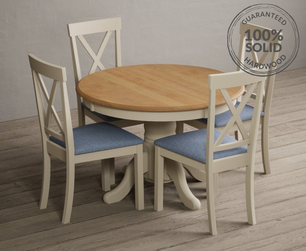 Photo 1 of Extending hertford 100cm - 130cm oak and cream painted pedestal dining table with 4 blue hertford chairs Photo 1 of Extending hertford 100cm - 130cm oak and cream painted pedestal dining table with 4 blue hertford chairs