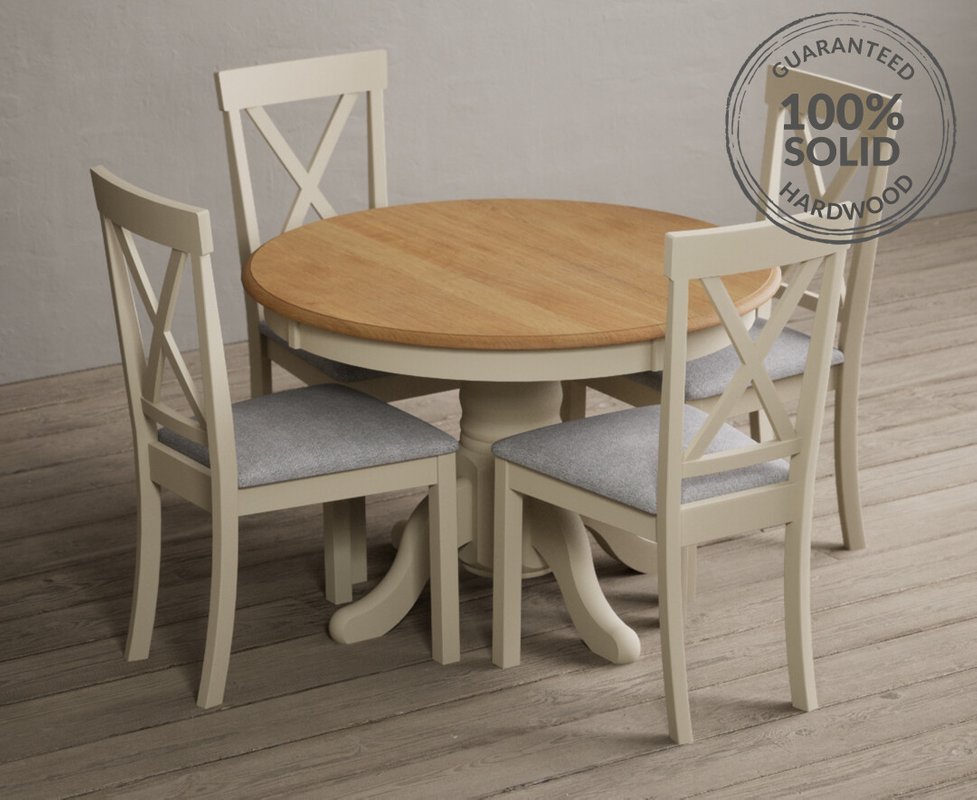 Photo 1 of Extending hertford 100cm - 130cm oak and cream painted pedestal dining table with 4 light grey hertford chairs Photo 1 of Extending hertford 100cm - 130cm oak and cream painted pedestal dining table with 4 light grey hertford chairs
