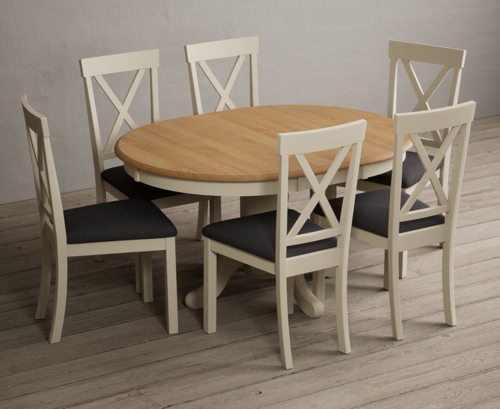 Photo 1 of Extending hertford 100cm - 130cm oak and cream painted pedestal dining table with 6 charcoal grey hertford chairs Photo 1 of Extending hertford 100cm - 130cm oak and cream painted pedestal dining table with 6 charcoal grey hertford chairs