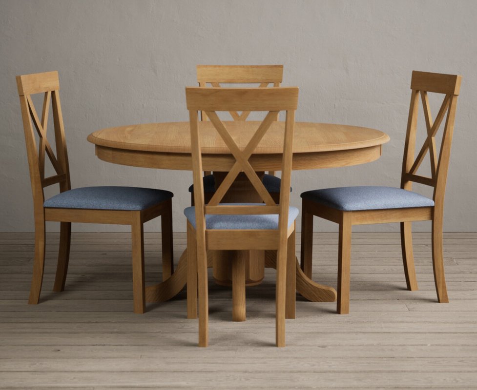 Photo of Hertford 120cm fixed top solid oak round pedestal table with 4 blue hertford chairs Photo of Hertford 120cm fixed top solid oak round pedestal table with 4 blue hertford chairs