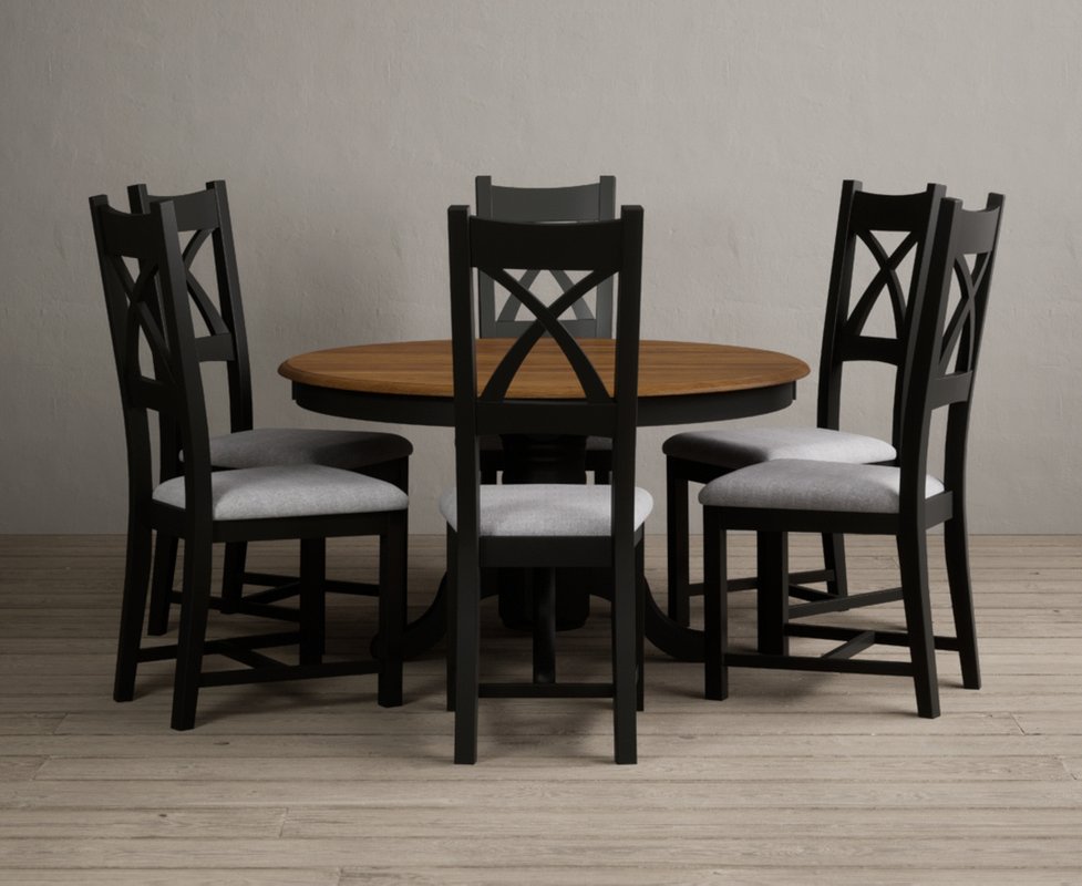 Photo 1 of Hertford 120cm fixed top oak and black painted round pedestal table with 6 light grey painted chairs Photo 1 of Hertford 120cm fixed top oak and black painted round pedestal table with 6 light grey painted chairs