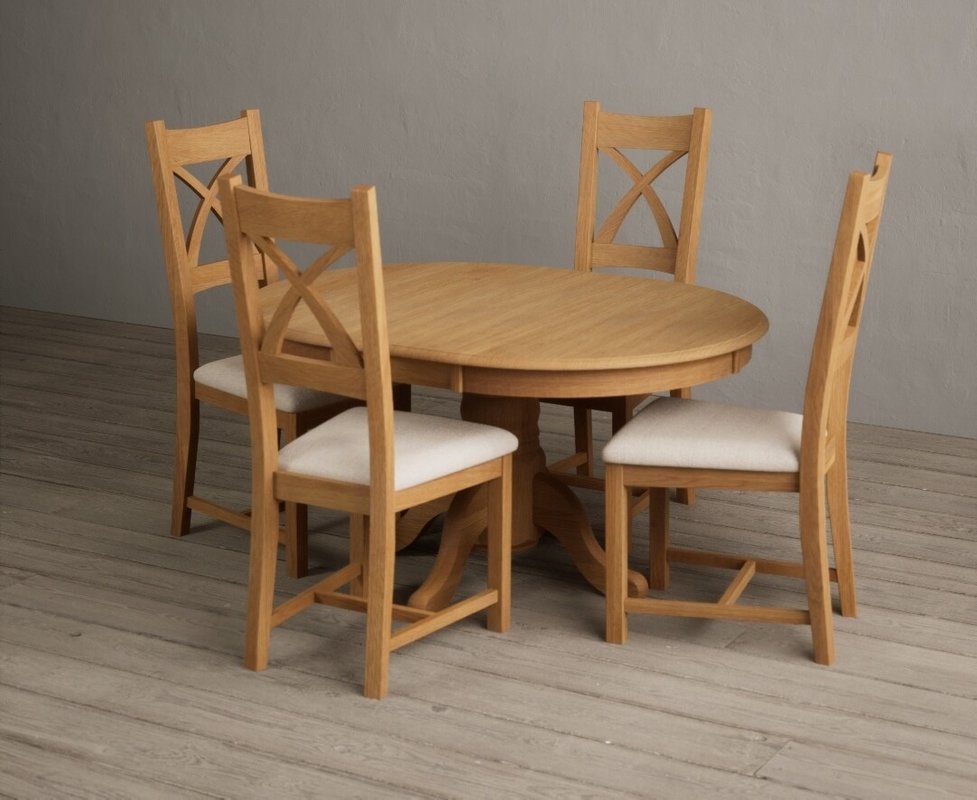 Photo 1 of Extending hertford 100cm - 130cm solid oak pedestal dining table with 6 linen natural solid oak chairs Photo 1 of Extending hertford 100cm - 130cm solid oak pedestal dining table with 6 linen natural solid oak chairs