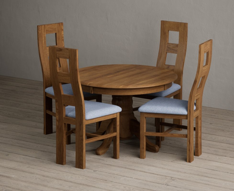 Photo 1 of Extending hertford 100cm - 130cm rustic oak pedestal dining table with 4 blue rustic solid oak chairs Photo 1 of Extending hertford 100cm - 130cm rustic oak pedestal dining table with 4 blue rustic solid oak chairs