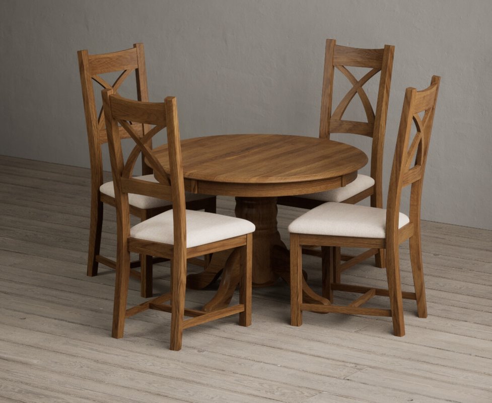 Photo of Extending hertford 100cm - 130cm rustic oak pedestal dining table with 6 blue rustic solid oak chairs Photo of Extending hertford 100cm - 130cm rustic oak pedestal dining table with 6 blue rustic solid oak chairs