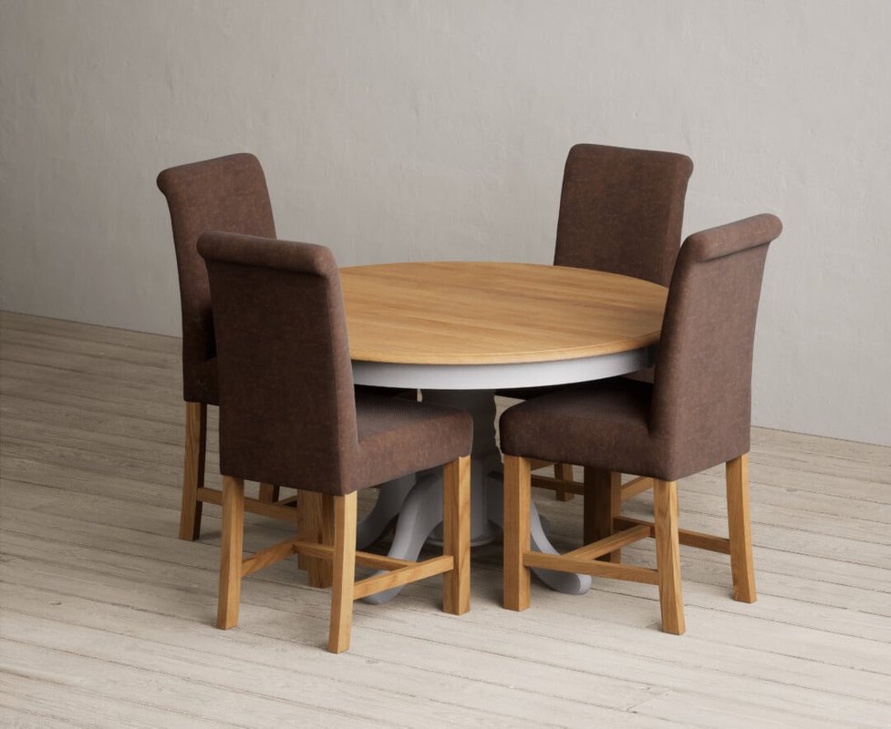 Photo of Hertford 120cm fixed top oak and light grey painted dining table with 6 grey braced chairs Photo of Hertford 120cm fixed top oak and light grey painted dining table with 6 grey braced chairs
