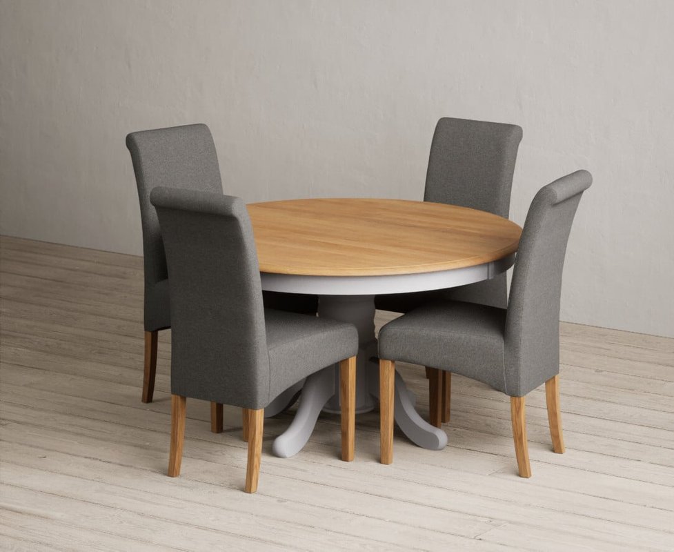 Photo of Hertford 120cm fixed top oak and light grey painted dining table with 4 grey scroll back chairs Photo of Hertford 120cm fixed top oak and light grey painted dining table with 4 grey scroll back chairs