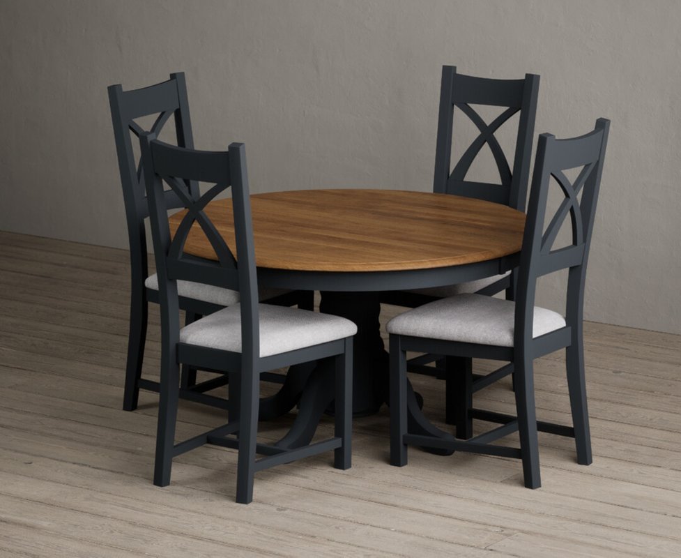 Photo of Hertford 120cm fixed top oak and dark blue painted dining table with 6 blue painted chairs Photo of Hertford 120cm fixed top oak and dark blue painted dining table with 6 blue painted chairs