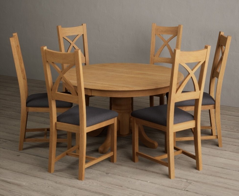 Photo 1 of Hertford 120cm fixed top solid oak round pedestal table with 6 charcoal grey natural solid oak chairs Photo 1 of Hertford 120cm fixed top solid oak round pedestal table with 6 charcoal grey natural solid oak chairs