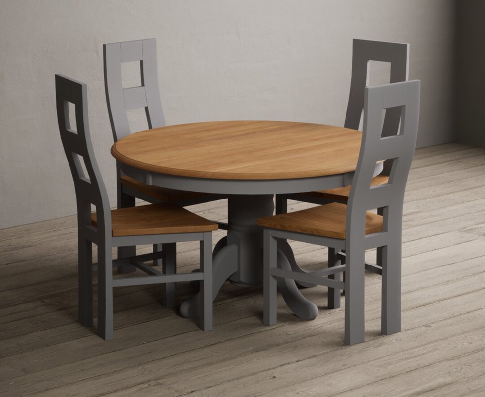 Photo of Hertford 120cm fixed top oak and light grey painted dining table with 4 linen natural chairs Photo of Hertford 120cm fixed top oak and light grey painted dining table with 4 linen natural chairs