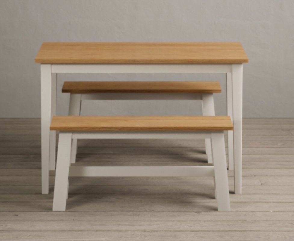 Photo 1 of Kendal 115cm solid oak and cream painted dining table and 2 cream benches Photo 1 of Kendal 115cm solid oak and cream painted dining table and 2 cream benches